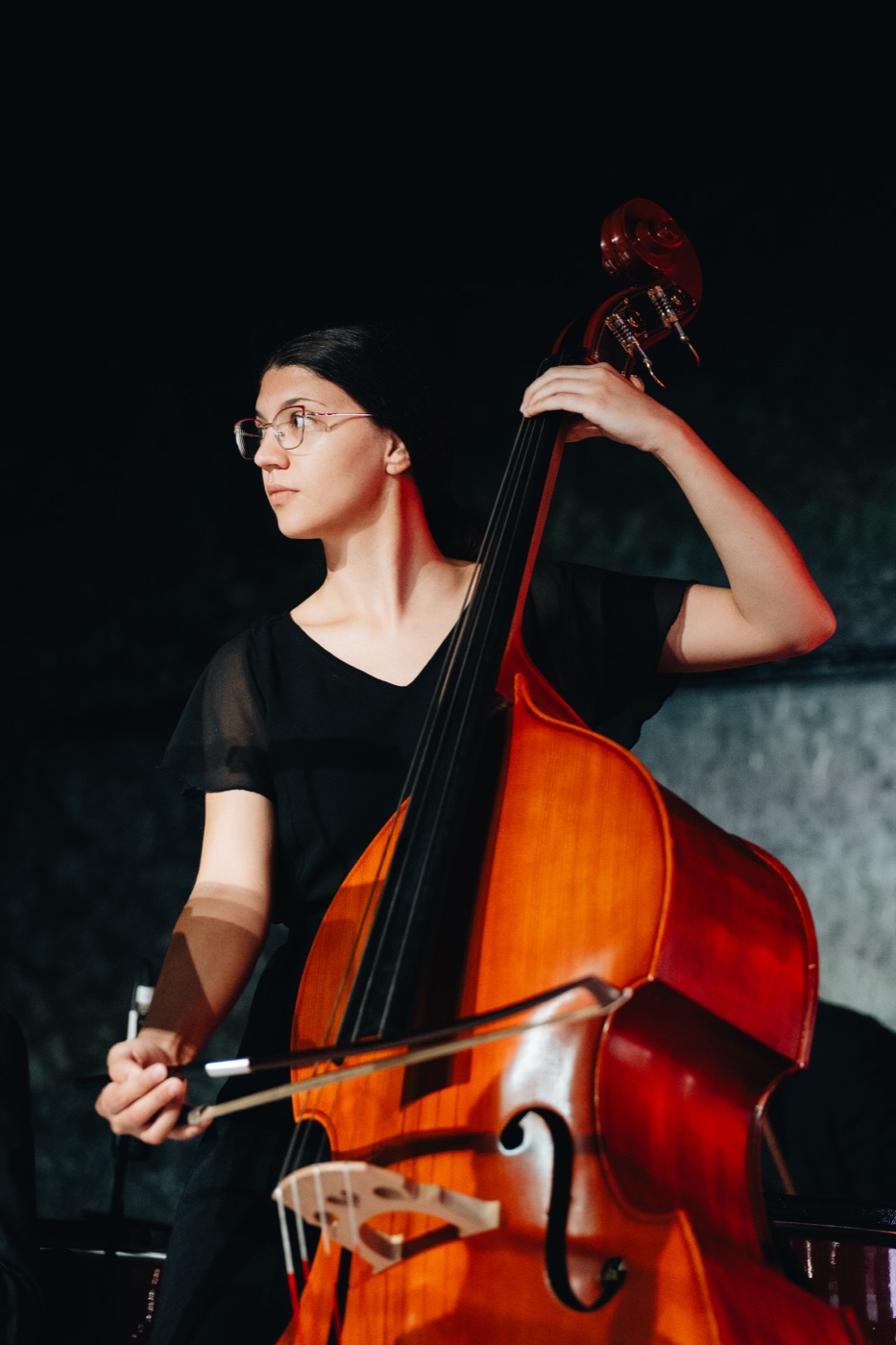 A double bassist of Camerata Bulgarica on stage